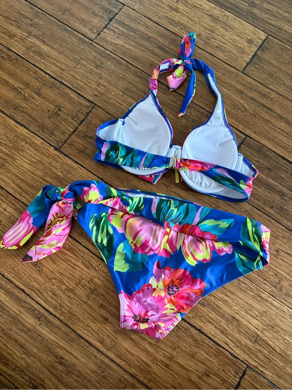 Women’s Floral Two-Piece underwire Bikini - Pink & Blue with waist tie. LARGE